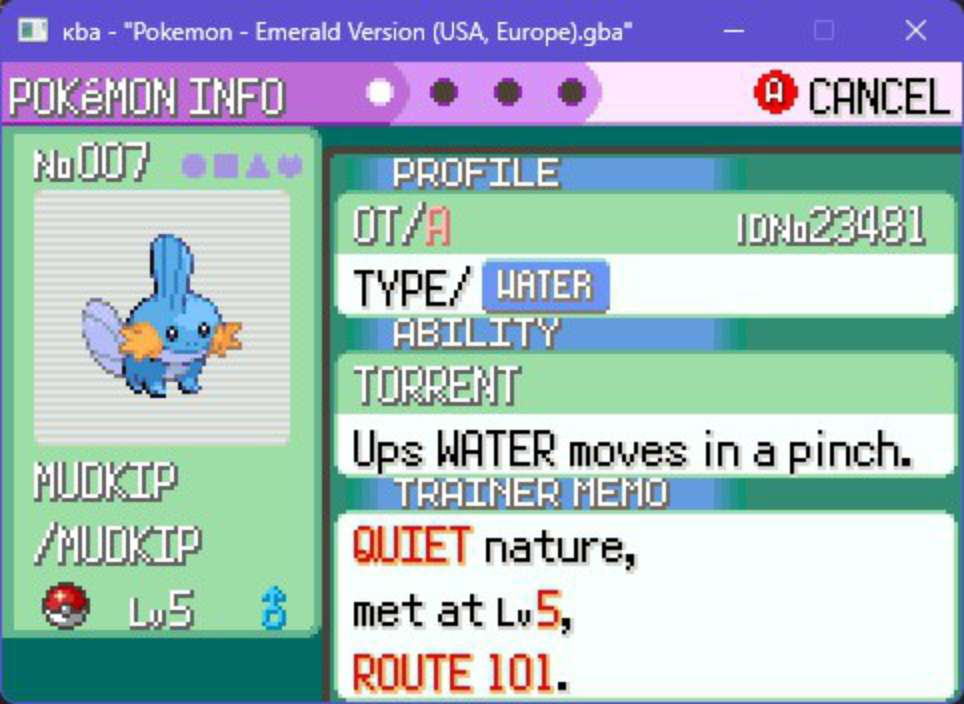 Pokémon Emerald running on a GBA emulator