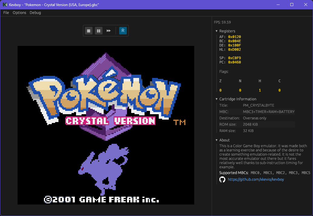 Pokémon Crystal running on a GBC emulator