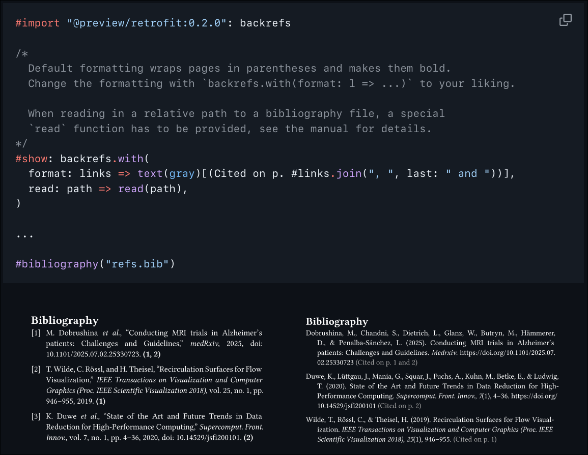 A screenshot of Typst code using the retrofit package and the resulting render